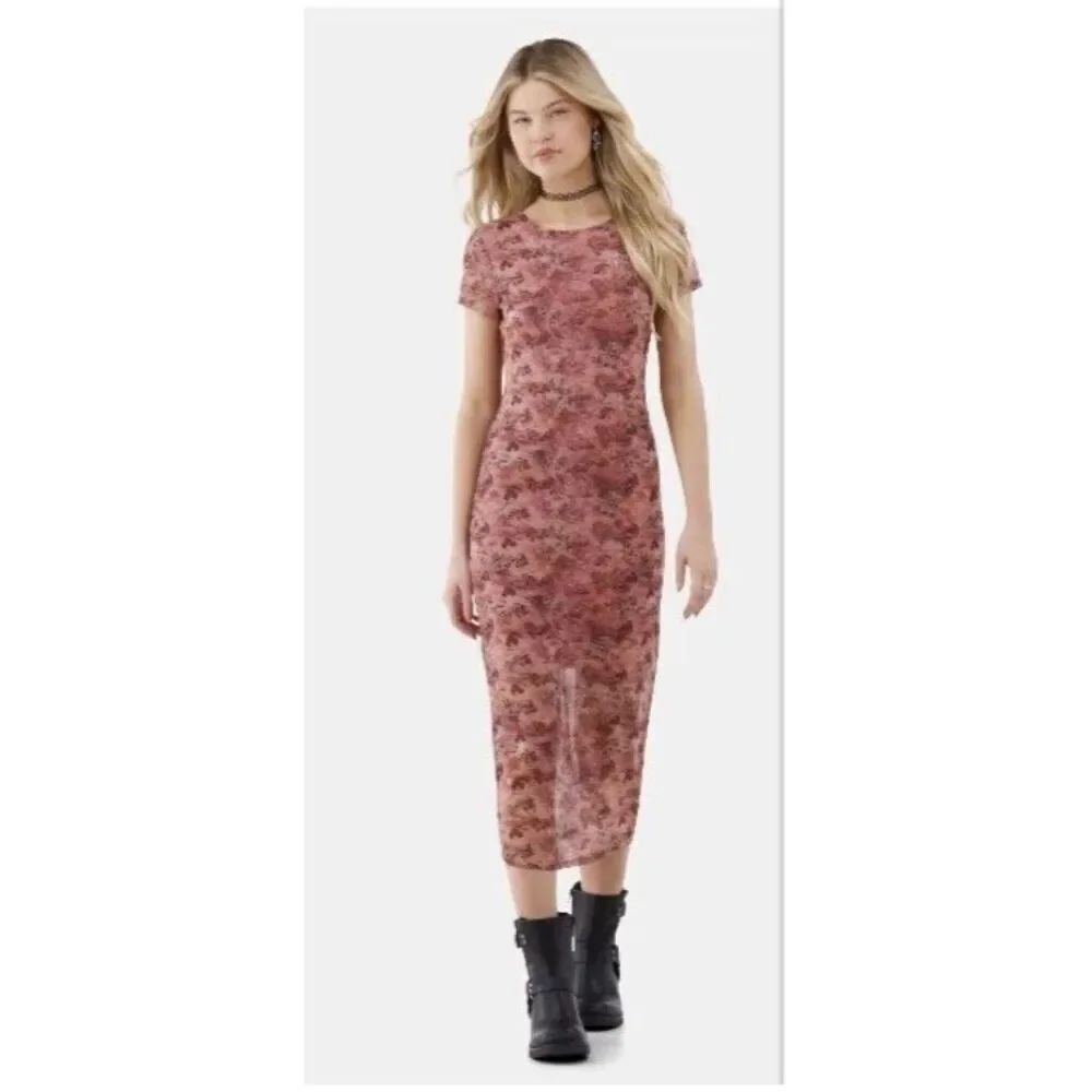 Floral Mesh Coral Mauve Bodycon Midi Dress Fairy Grunge Femme 90’s Whimsigoth